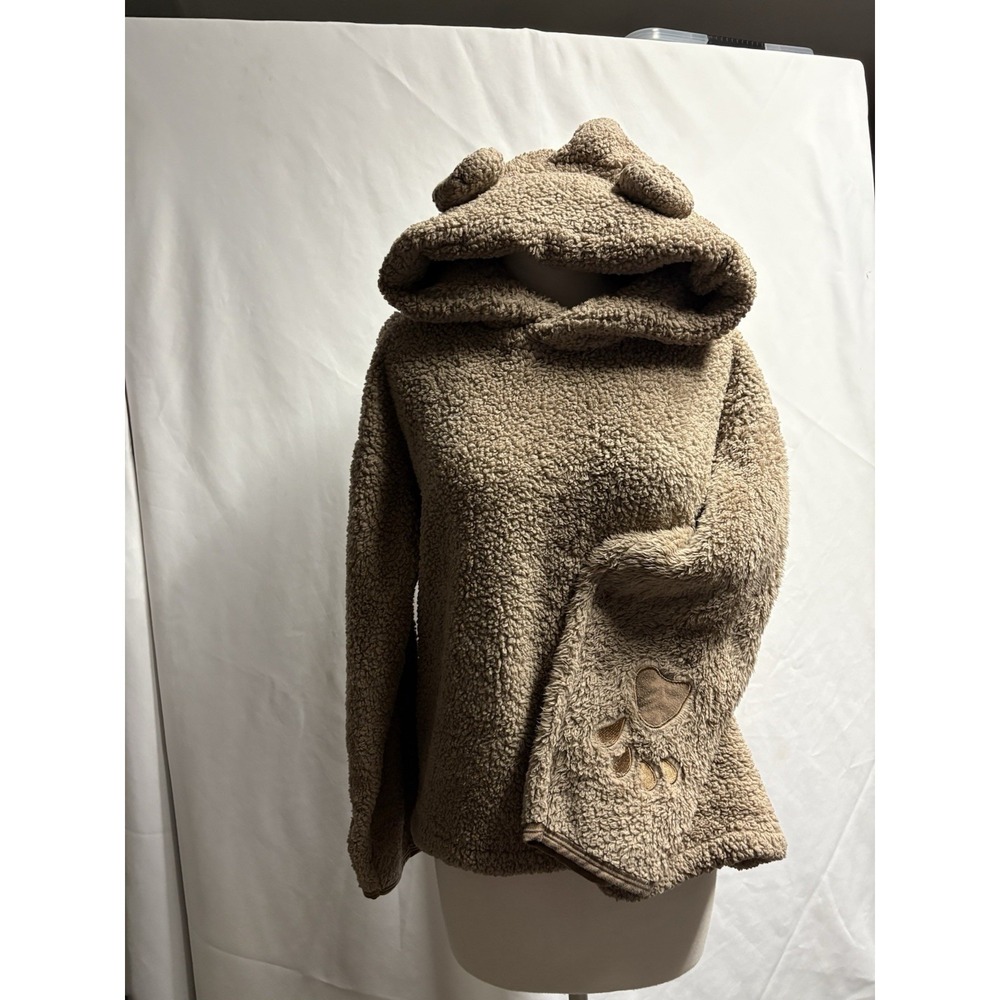 Brown Teddy Bear Hoodie Sweatshirt Sherpa Fleece Paw Print Embroidery